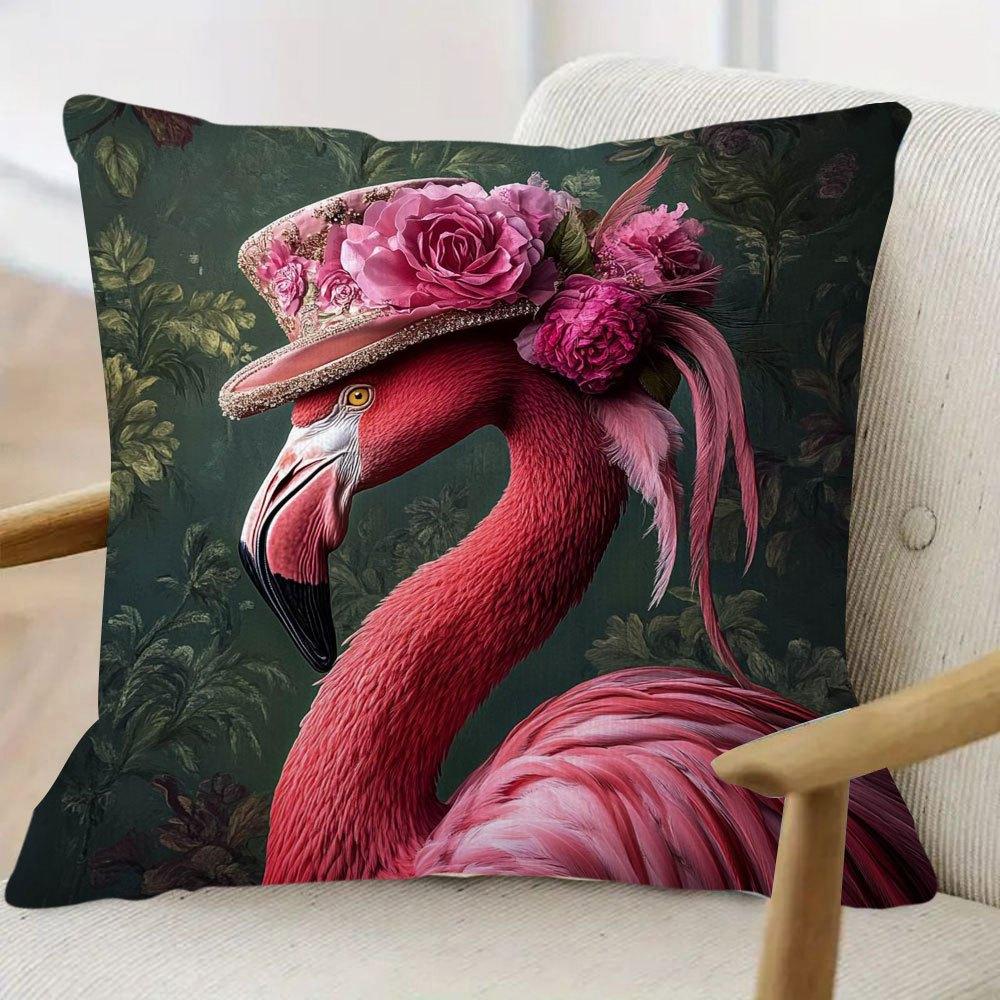 Double Sided Vintage Victorian Flamingo Pillow Cover 3D Pink Rose Flower Hat Print Soft Throw Pillow Case For Home Decor Gift