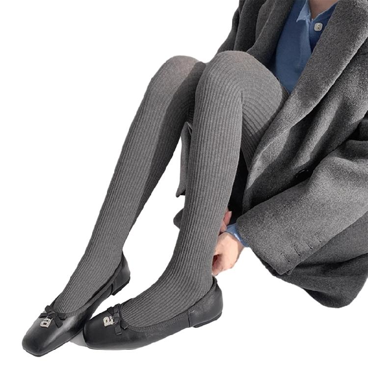 Women Solid Color Thicken Cotton Pantyhose Ribbed Knit Striped Sweater Tights