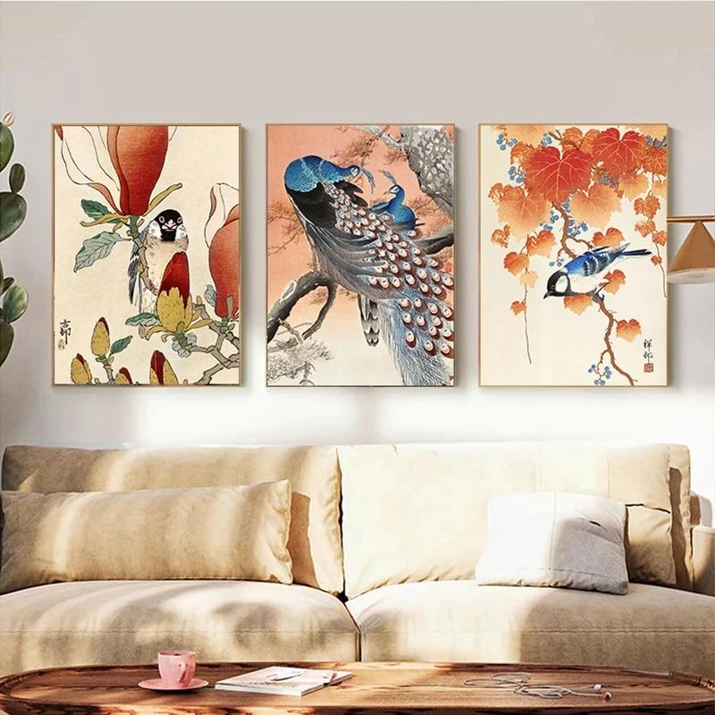 Posters And Prints Canvas Paintings Vintage Style Japanese Bird Peacock Fujiyama Retro Wall Art Pictures For Home Room Decor