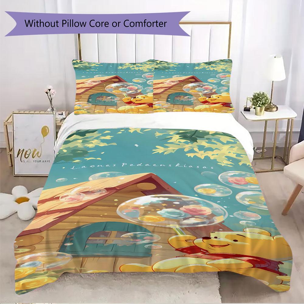 3pcs Cartoon Duvet Cover Set (1 Duvet Cover + 2 Pillowcases, Duvet Insert Not Included), Cute Winnie the Pooh Print Bedding Set.