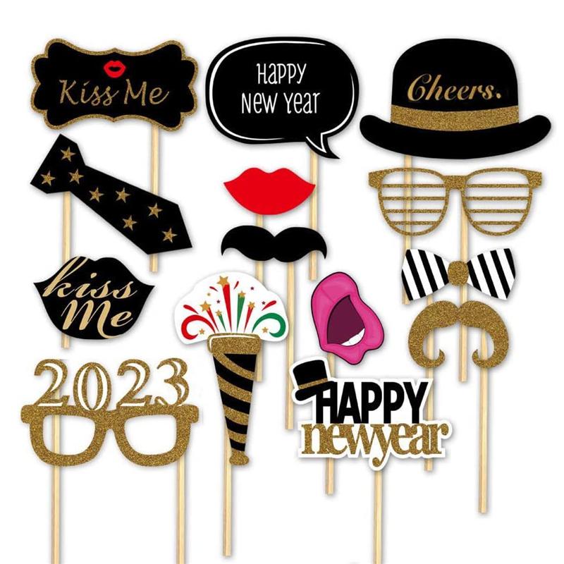 2023 Happy New Year Paper Photo Booth Props Frame Glasses Set Merry Christmas Decorations For Home Ornaments Xmas Party Supplies