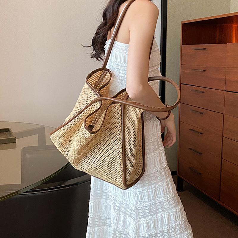 Large Capacity Beach Hollow Composite Tote Solid Color Leather Small Pouch Straw Woven Shoulder Bag Lightweight Polyester