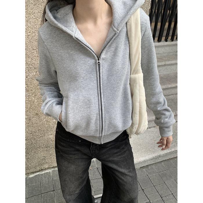 Women s Solid Color Hooded Zipper Cardigan Jacket - Autumn/Winter 2025 Slimming Long Sleeve Top M серый