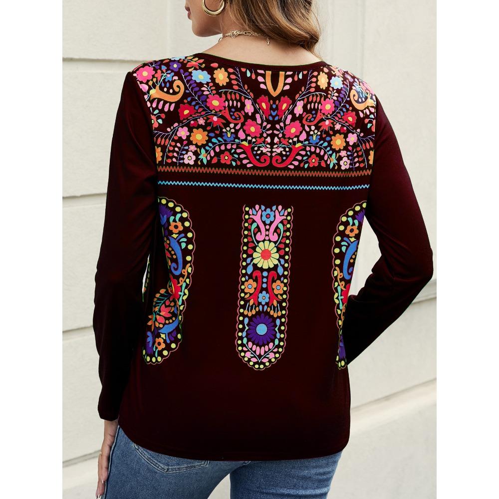 Spring Autumn Women's T-shirt Bohemian Print Long Sleeved T-shirt for Women Nation Print T-shirt Casual Pullover Plus Size Women Clothing