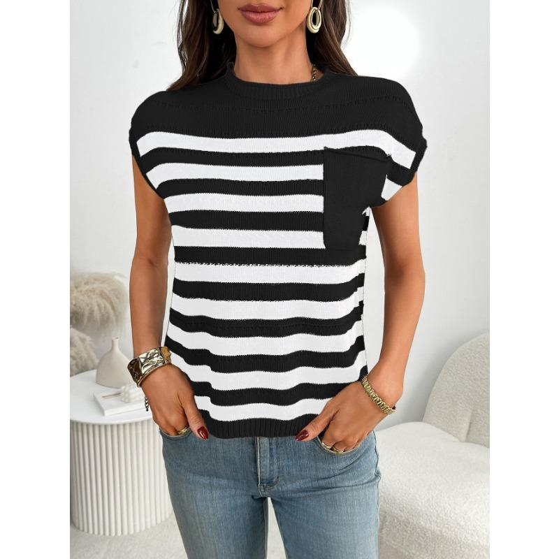 Summer New Women's Round Neck Top Thick Stitch Casual Striped Sweater
