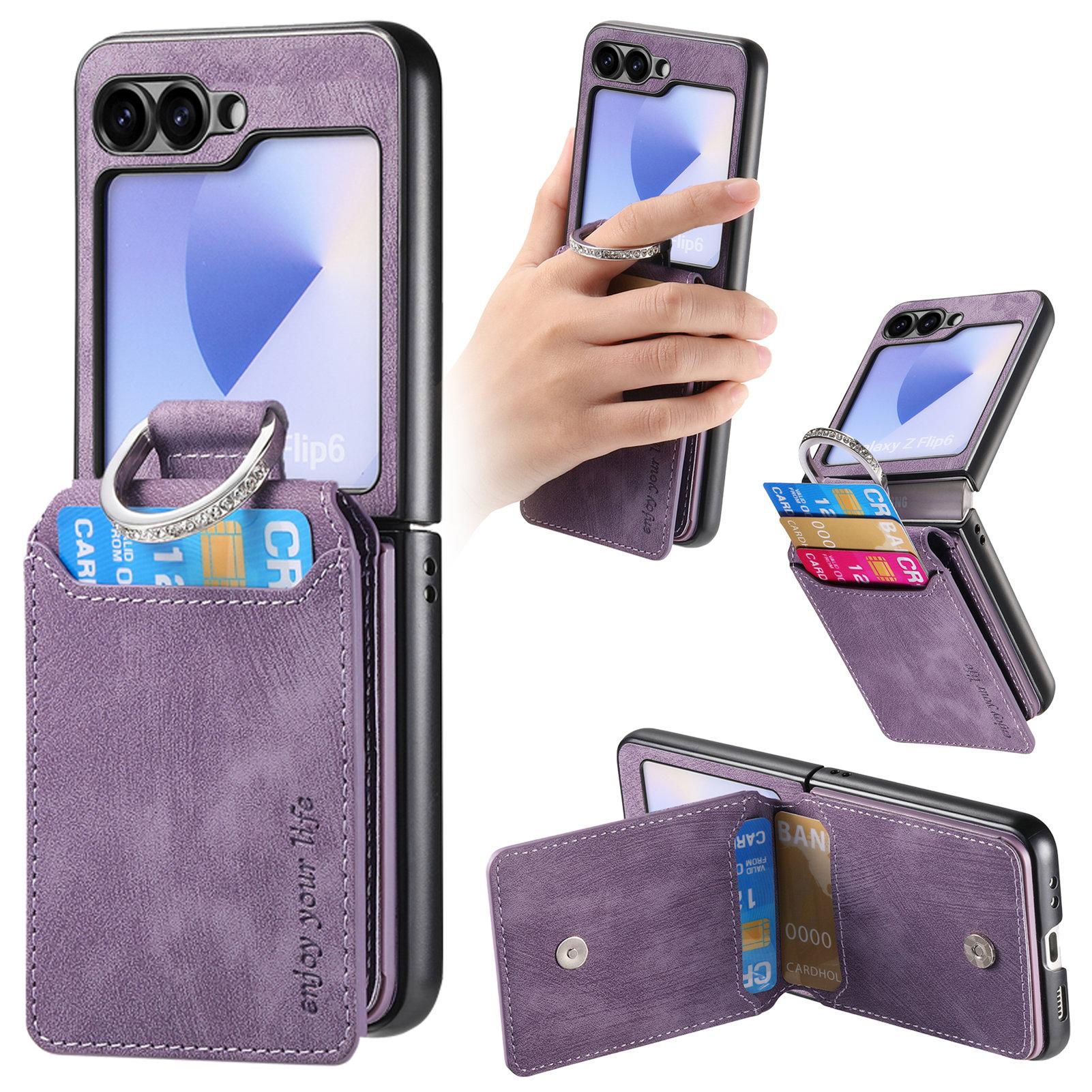 

For Samsung Galaxy Z Flip7 FE 5G/Z Flip6 5G Case Card Holder Kickstand Retro Texture Leather Back Cover Purple