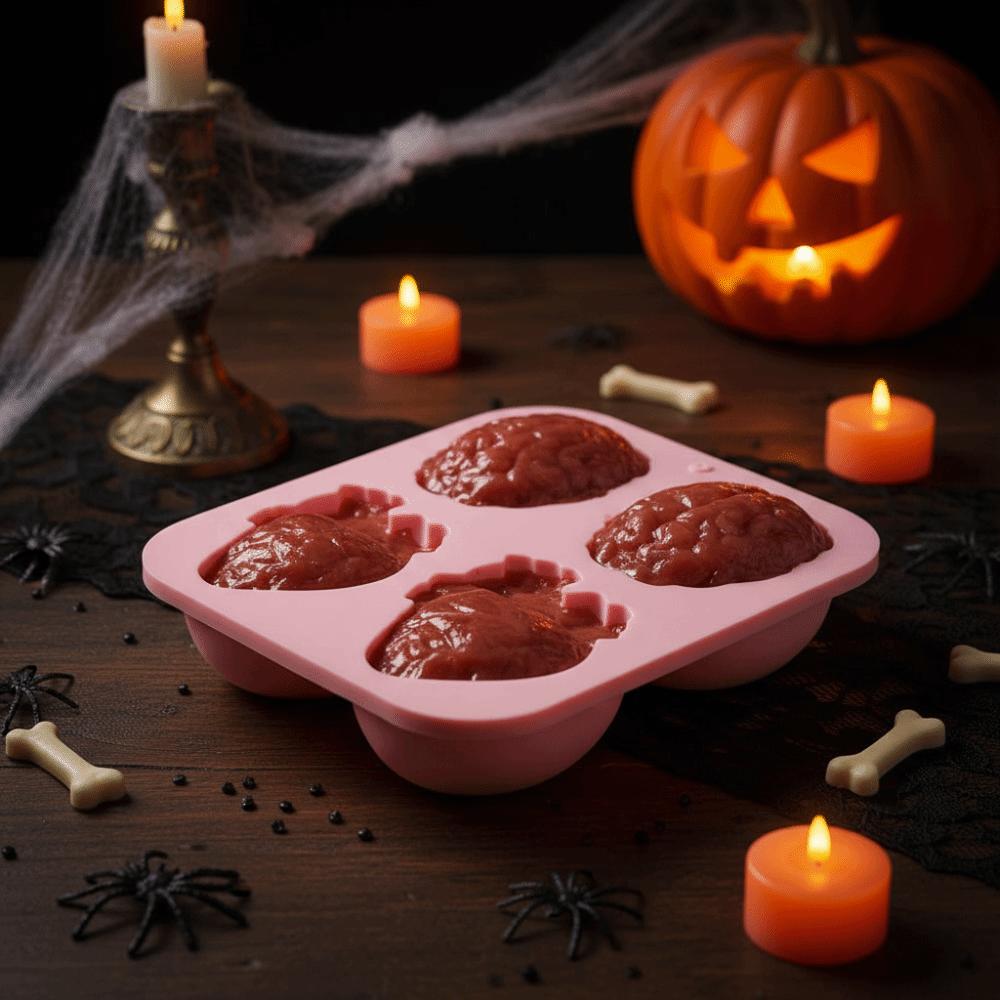 Moule de cuisson Halloween Cœur Cerveau 4 Cavités Silicone Résistant à la Chaleur Moule à Cupcakes Gâteaux 3D Anti-adhésif Bac à Glaçons Chocolat