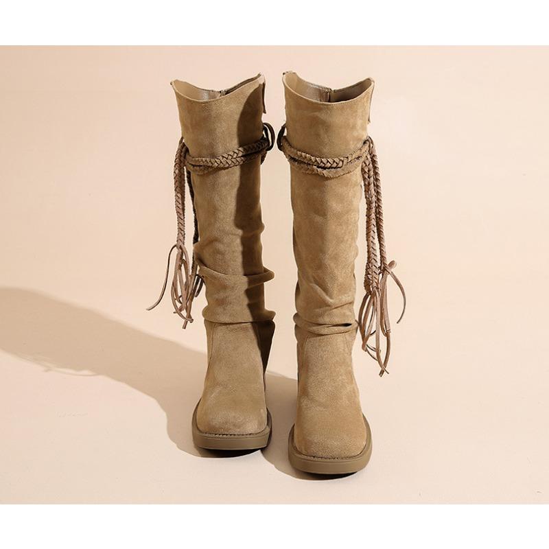 Western thick-heeled version of retro wasteland wind fringed knight boots cowhide boots thin high boots women's high boots
