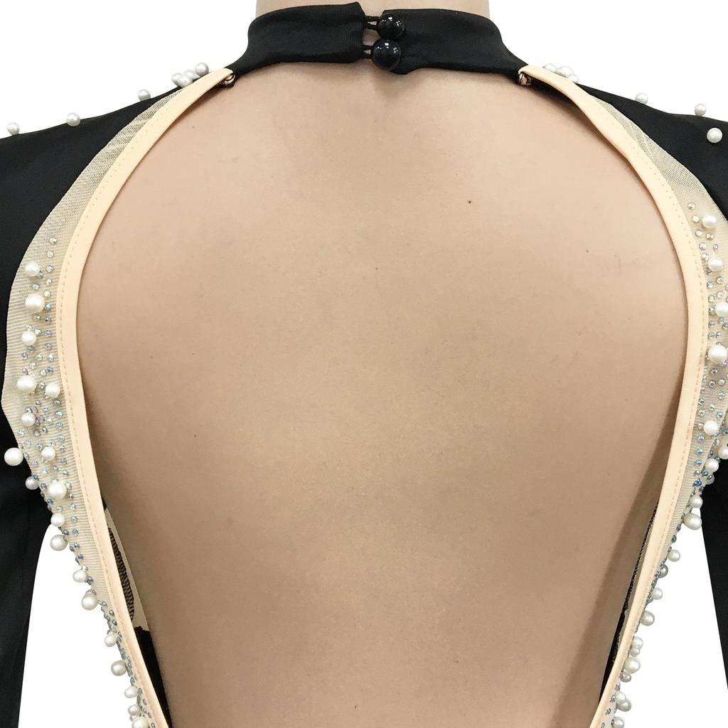 Fashion Sexy Rhinestone Mesh Beaded Backless Long Sleeve Midi Dress for Women
