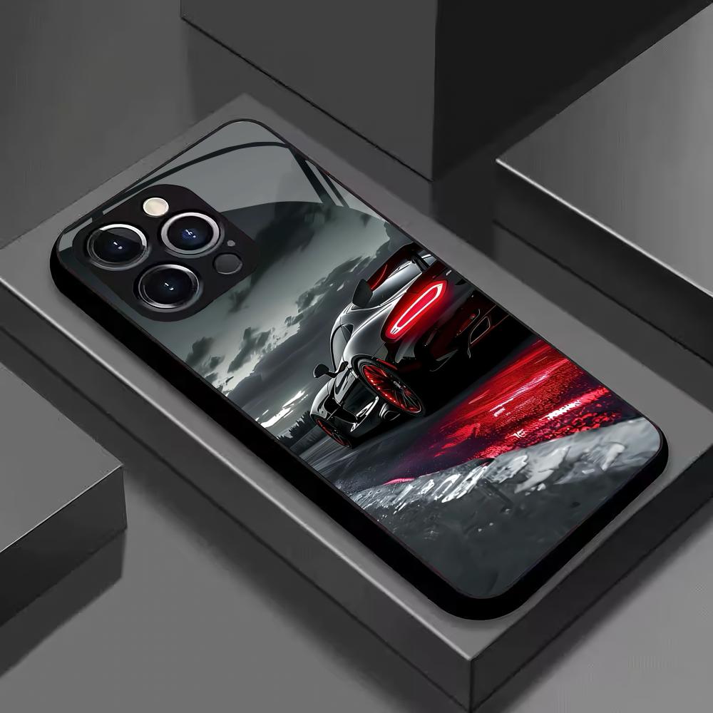 Retro black sports car glass phone case suitable for iPhone 17 16 15 14 13 12 11Pro/Max/Plus anti drop and shockproof back cover