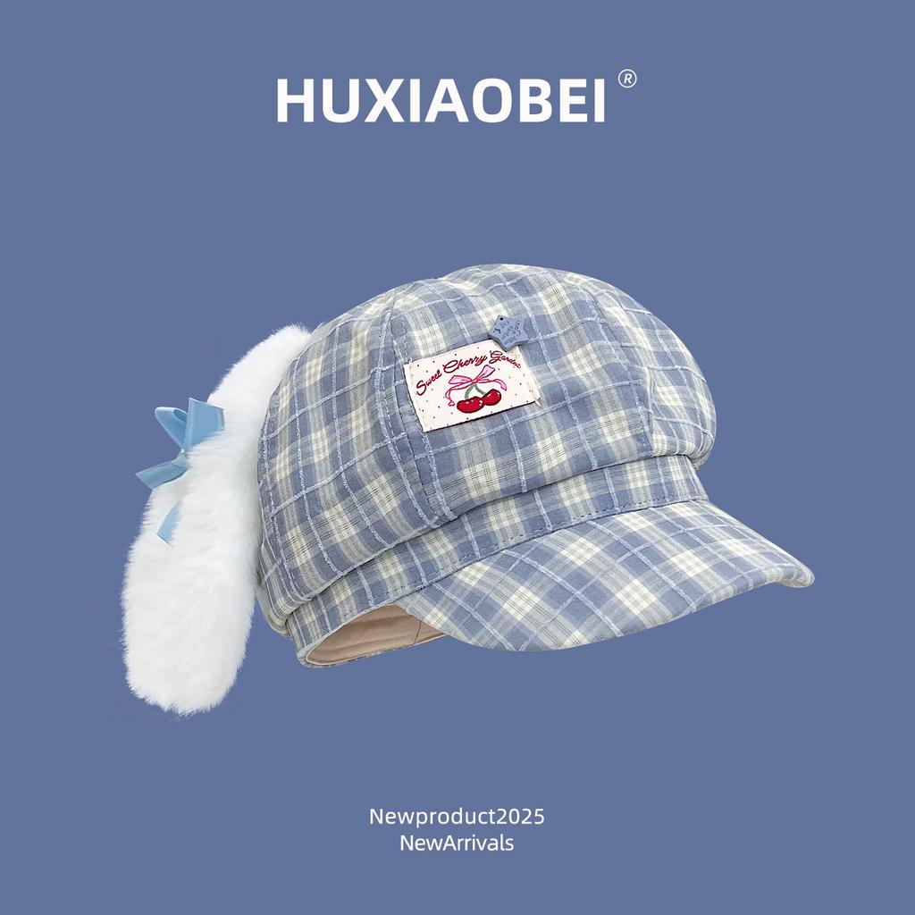 Cute plush rabbit ear bow plaid octagonal hat children versatile spring and summer sunshade travel beret tide