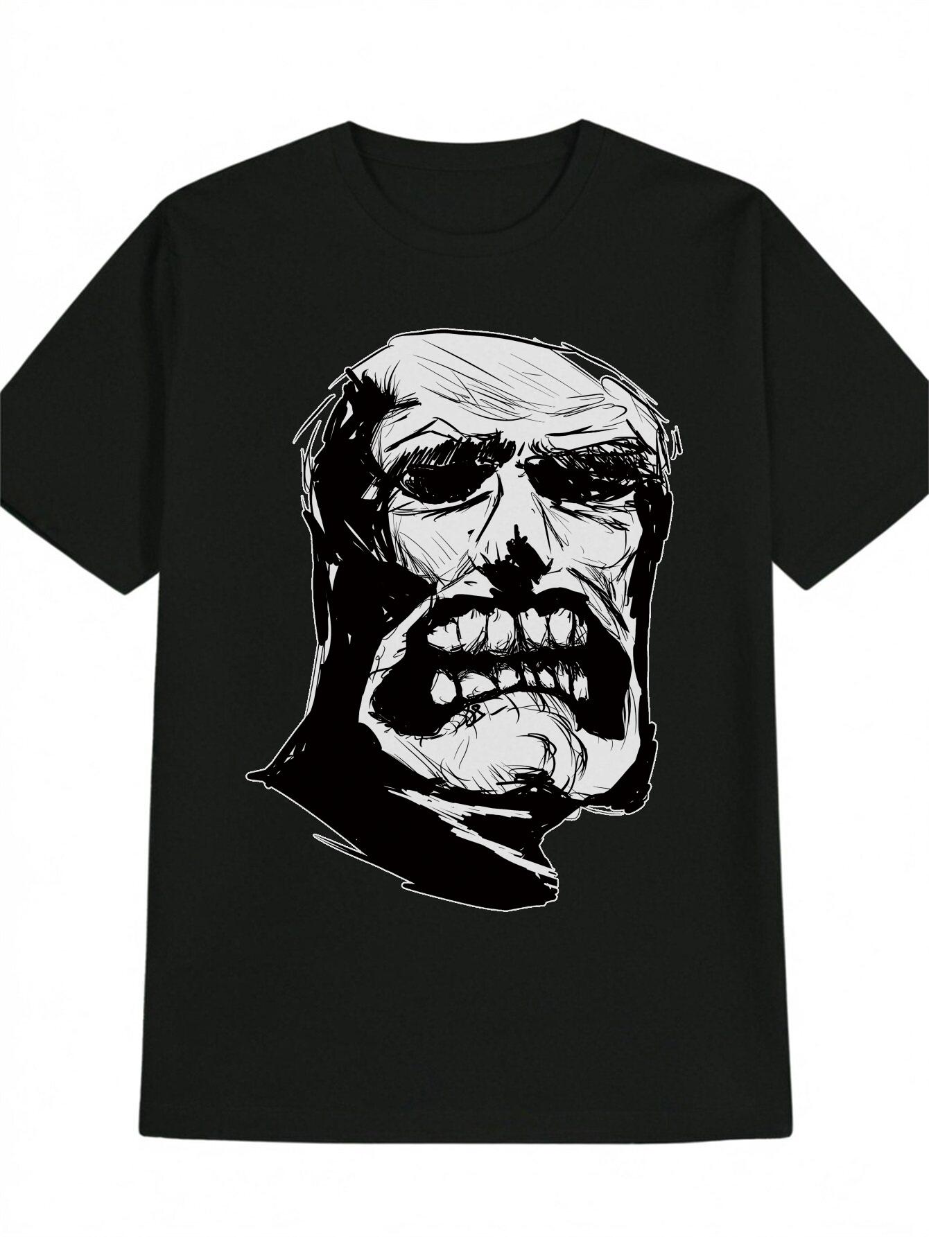 

Casual Graphic T-shirt with Bold Black & White Face Line Art Print - Round Neck Summer Tee XXXL