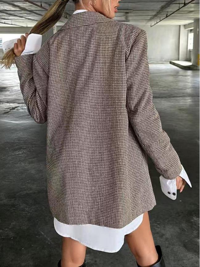 2025 European Cross-border Houndstooth Street Style Loose Retro Plaid Coat.