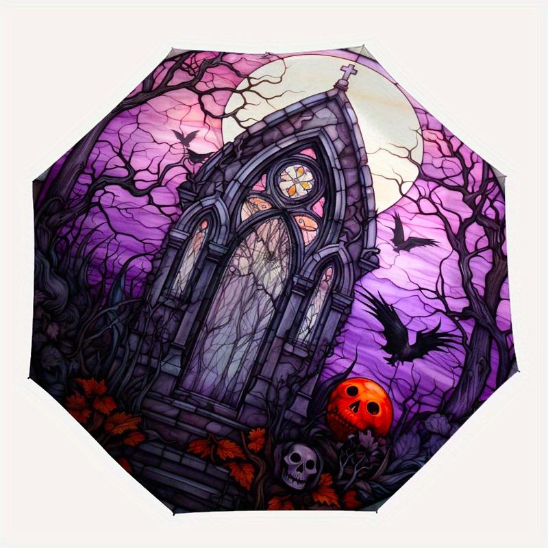 Gothic Moonlit Cemetery Stained Window Art PrintUmbrella, Portable 3-Fold Compact Umbrella,Christmas Gift ES453