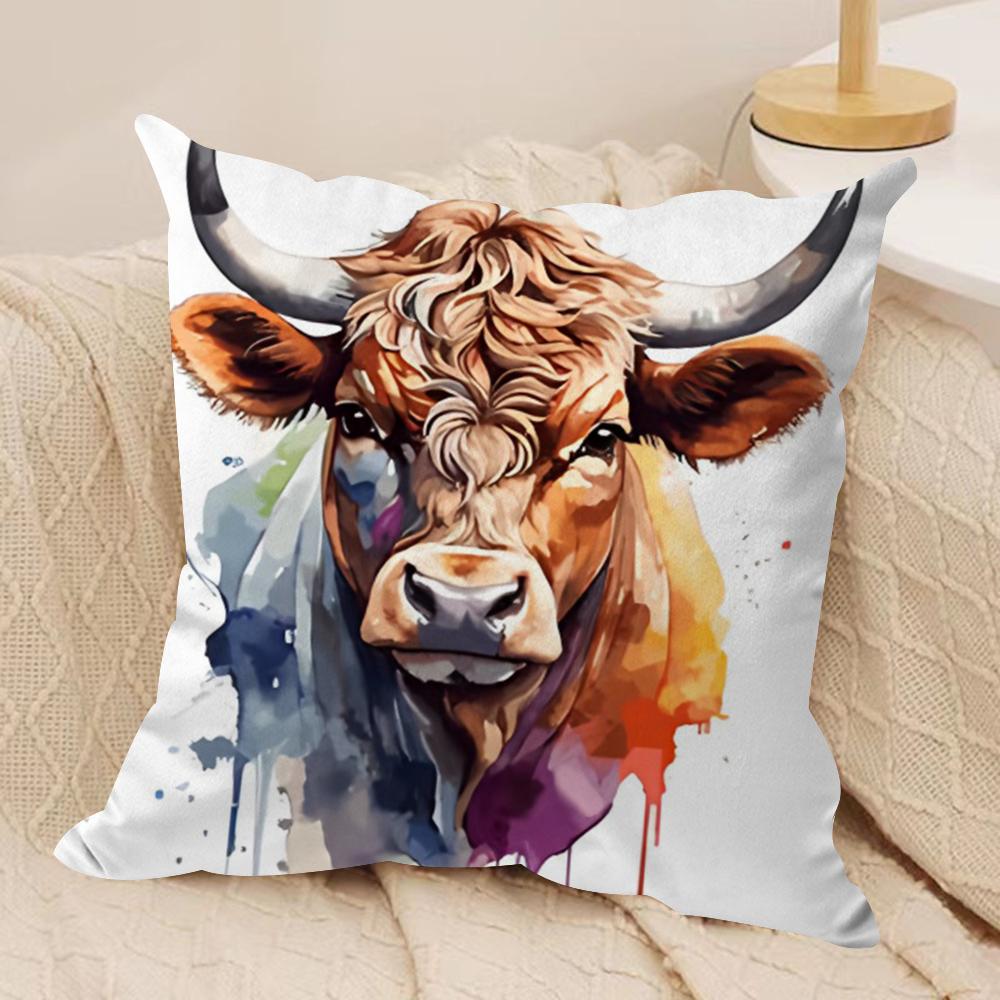 Capa de Almofada Vaca das Terras Altas e Flor Tecido de Pelúcia Macio Capas de Almofada Impressas em Ambos os Lados para Todas as Estações Decoração de Casa