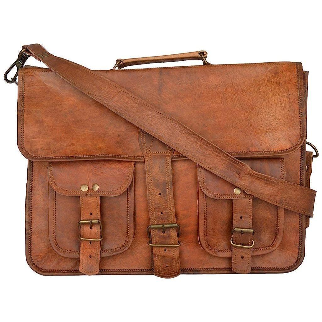 Laptop Vintage Briefcase Brown Real Satchel Bag Goat Artistic Leather Messenger