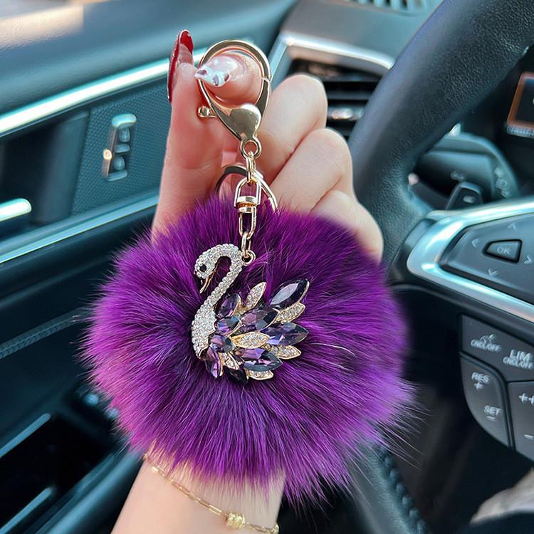 Crystal Swan Creative Fox Fur Car Keychain Exquisite Chic Keyring Bag Pendant