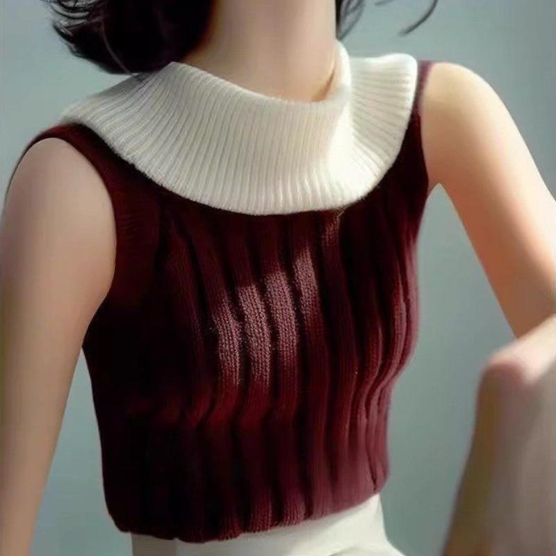

Women s Vest Knit Top Turtleneck Summer Thin Lining Sleeveless Top Fitted Spring Autumn Style S бордовий