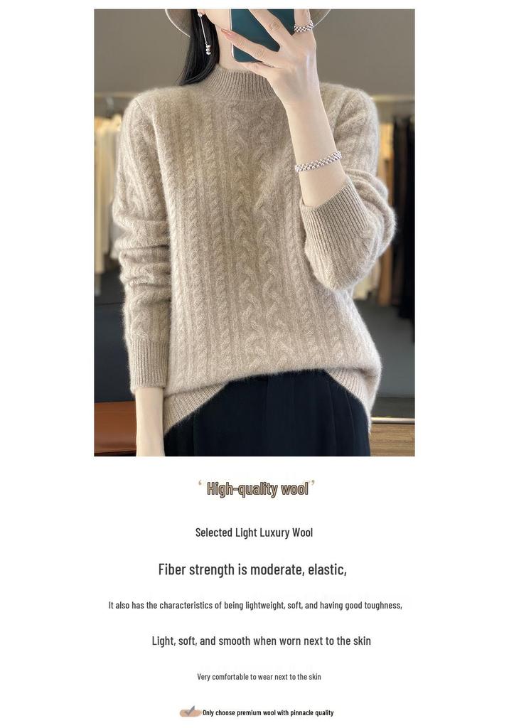 Autumn/Winter 2025 Women's High Neck Pure Wool Cable Knit Slimming Long Sleeve Top