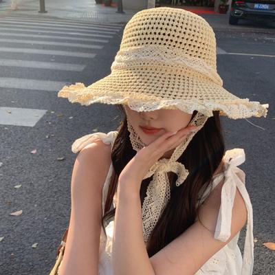 Beach Hat Natural High-Density Straw Fabric Sun Protection Wide Brim Dome Design Sun Hat Lace Bow Faux Pearls Decor Summer Hat