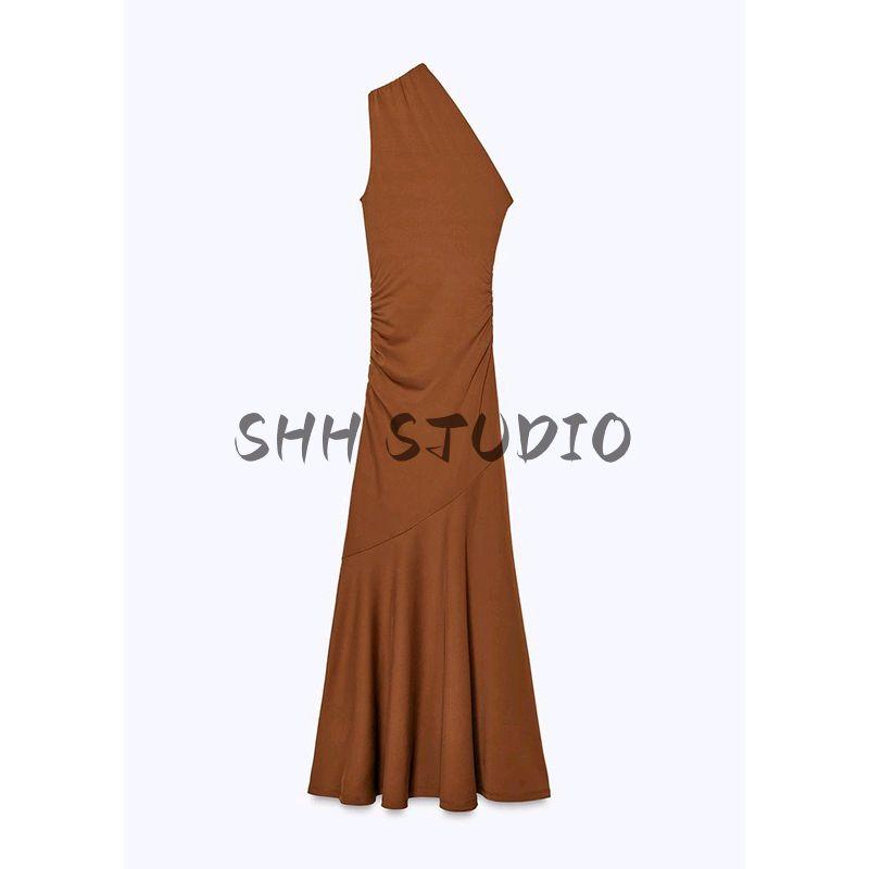 Women's Spring Clothing Ins Style Ruched Decoration Asymmetric Cold-Shoulder Sleeveless Elegant Long Dress 5039314