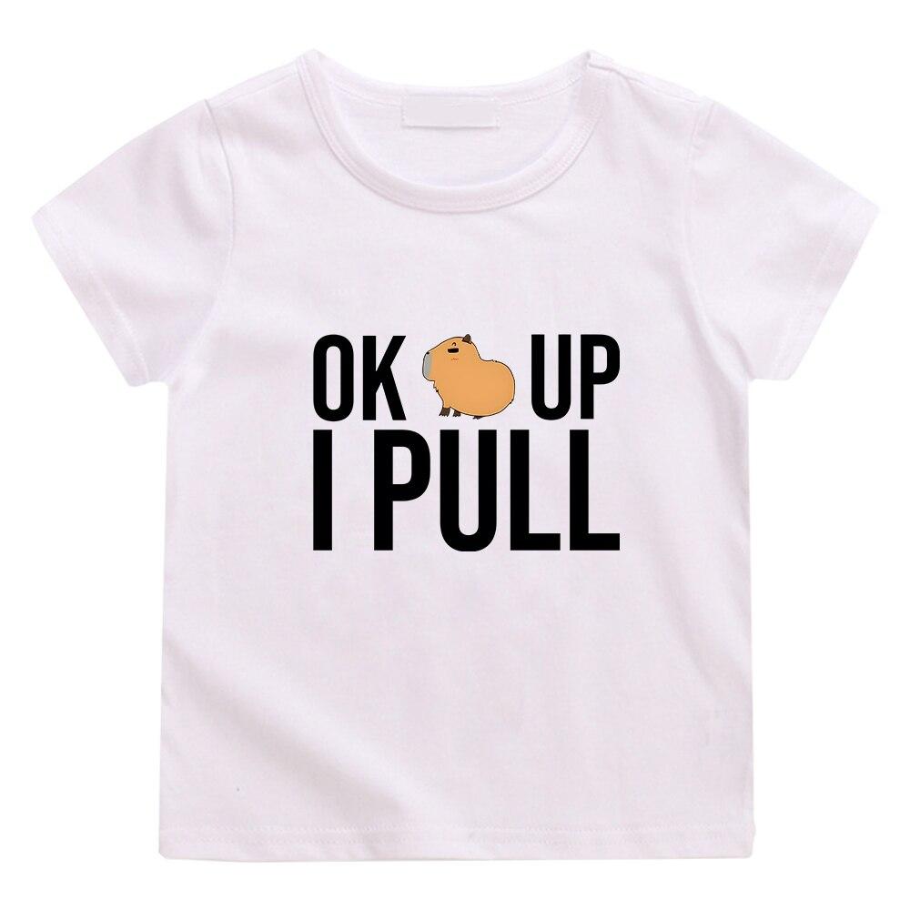 

Футболка с рисунком капибары «OK I PULL UP» для мальчиков и девочек, детские летние футболки, повседневная футболка с кавайным рисунком и круглым вырезом, мягкая футболка 100 белый