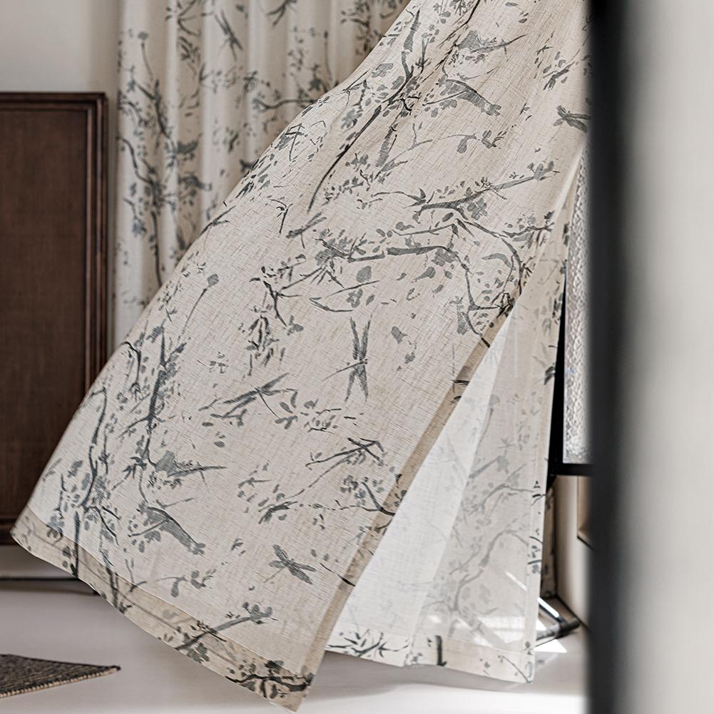 1PC NAPEARL Linen Texture Printed Sheer Curtain New Chinese Ink Bamboo Pattern Tulle for Living Room Bedroom Balcony Window Home Decor