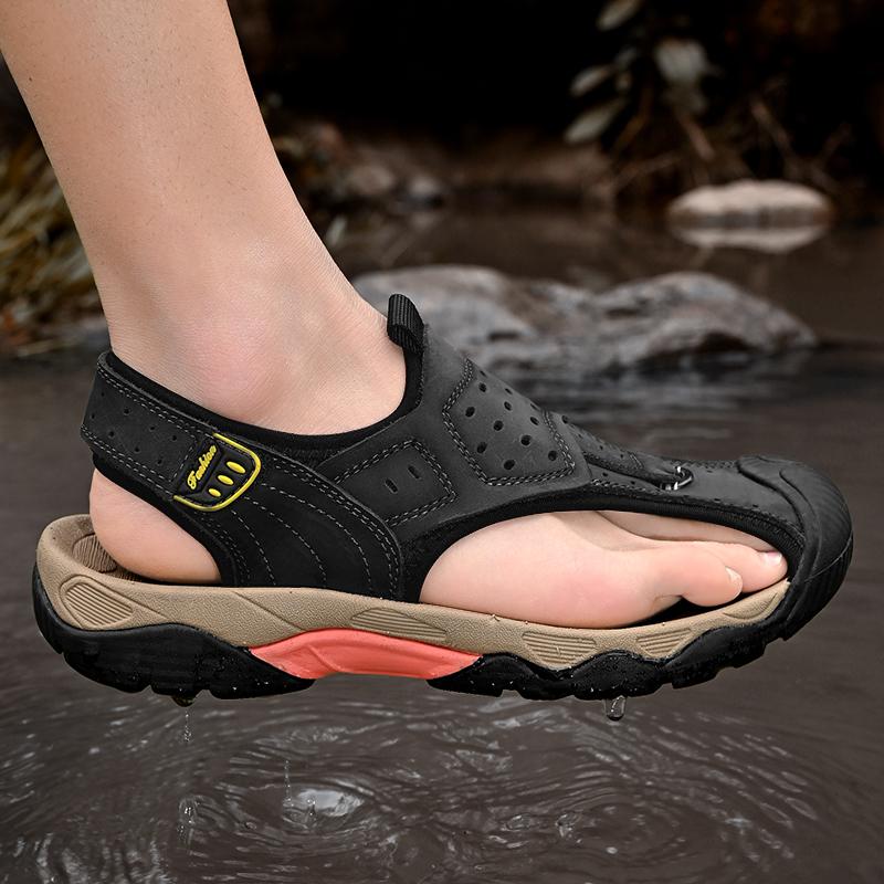 Men's Sandals Luxury Summer Mens Genuine Leather Sandals Outdoor Vacation Beach Shoes Waterproof Thick-soled Roman Shoes