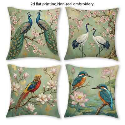 1/4pcs Vintage Chinese Style Floral & Bird Throw Pillow Covers Peacock Crane Kingfisher Home Decor Cushion Cases Cushion Cover