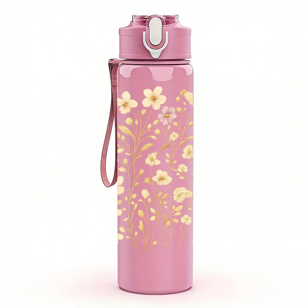 1PC Dry White Dandelion Wild Flower Print 750ml Color Plastic Sports Water Bottle Leakproof Flip Straw Lid Suitable for Sports Office Home Use