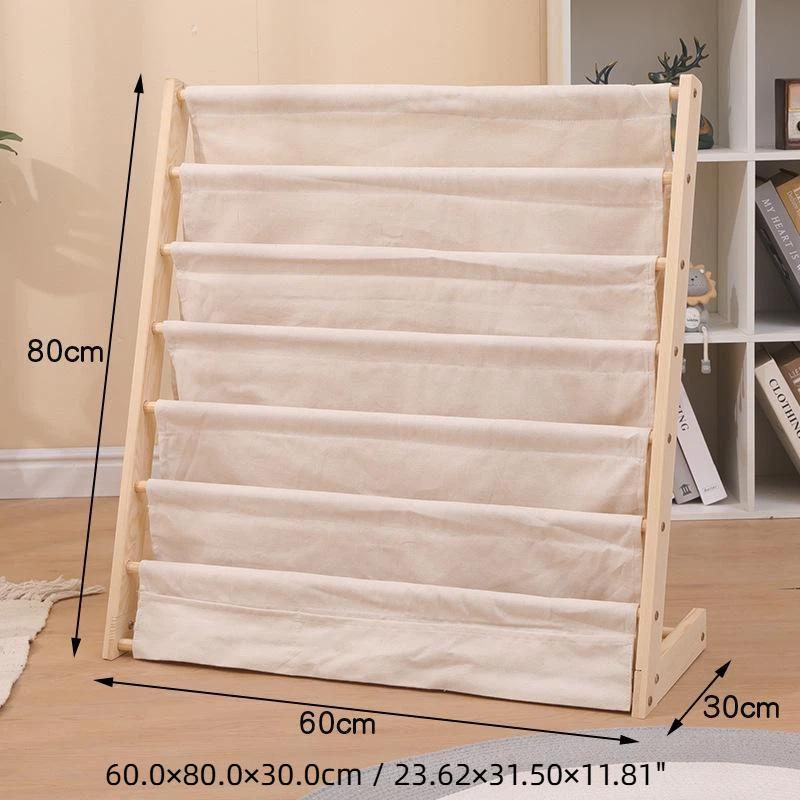 Solid Wood Kids Sling Bookshelf With Canvas Pockets And Large Capacity Perfect For Nursery Playroom Bedroom