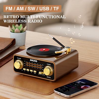 Retro Bluetooth Speaker Radio in Vinylspeler Stijl, Draagbare FM/AM/SW & Draadloze Streaming, Uniek Vintage Decor voor Huis & Cadeau Idee