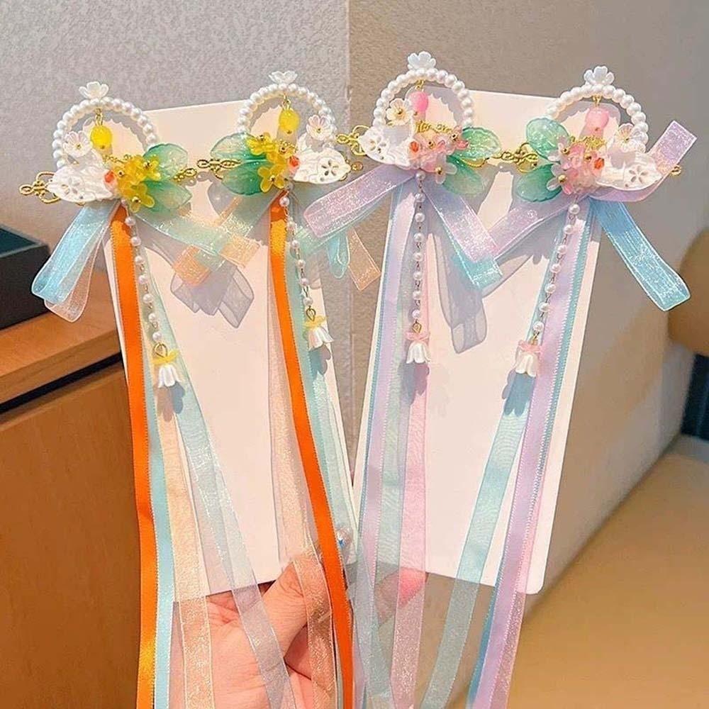 1 Pair Long Ribbon Hanfu Hair Clip Flowing Tassel Ribbon Bows Hairpin Hanfu Dress Up
