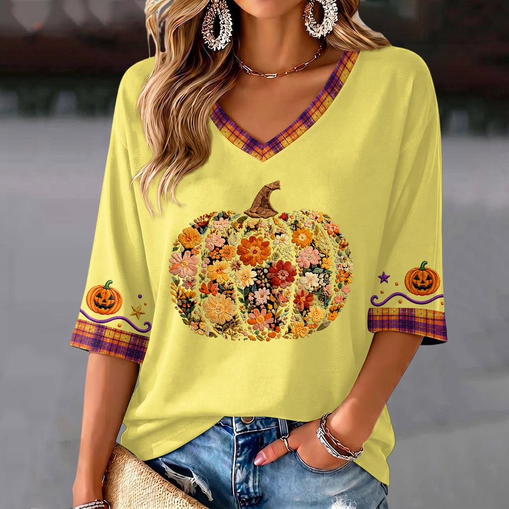 Women's V-Neck Halloween Print Lightweight Top for Spring and Summer