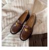 Retro small gold buckle round head lazy one pedal thick heel loafer leather shoes women