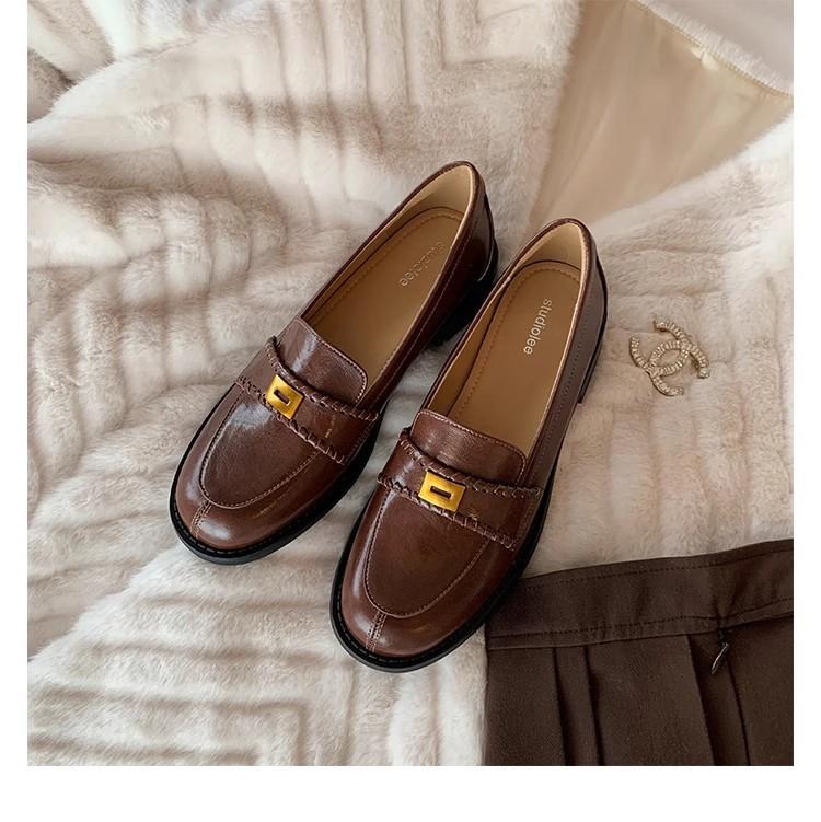 Retro small gold buckle round head lazy one pedal thick heel loafer leather shoes women