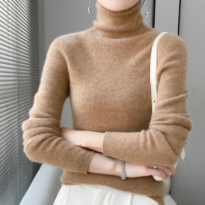 Women's High Neck Cashmere Turtleneck Pullover - 100% Wool Slim Fit Long Sleeve Sweater, Autumn/Winter Base Layer.