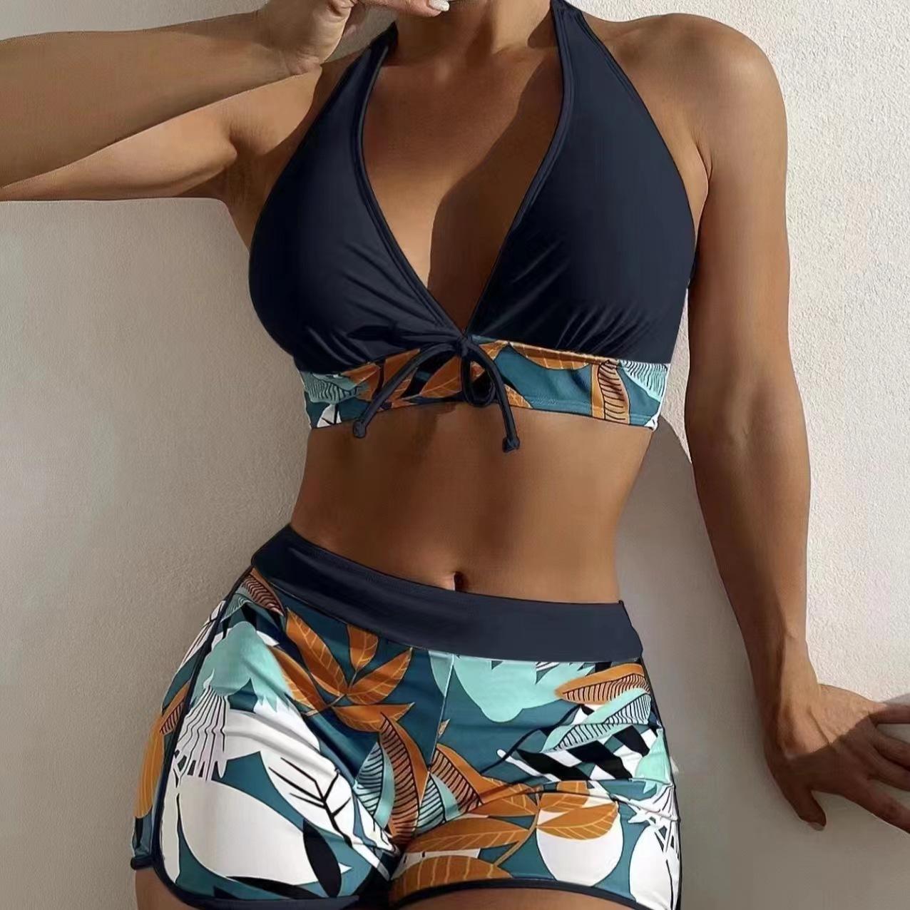 Swimsuit Women s Split High Waist Flat Angle Strap-Up Bikini Printed Solid Color Swimsuit S чёрный