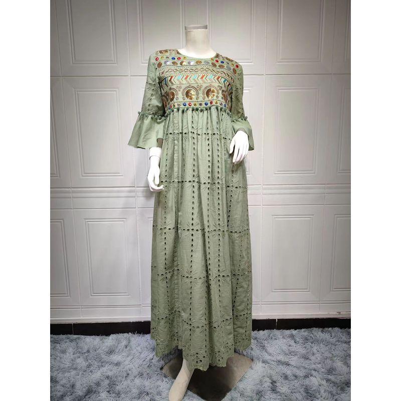

European and American Bell Sleeve Fashion round Neck Loose Sequined Embroidered Dress Sequin Embroidered Dress Green S