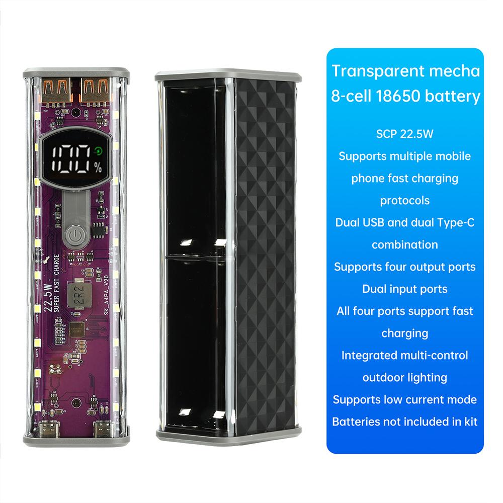 

22.5W Purple Transparent Mecha 8-Cell 18650 Battery Case Solderless Power Bank Housing Supports Low-Current Mode чёрный
