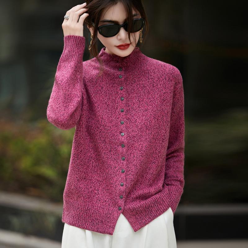 Women's Flecked Knit Stand-up Collar Cardigan - Autumn/Winter Long Sleeve Sweater Coat