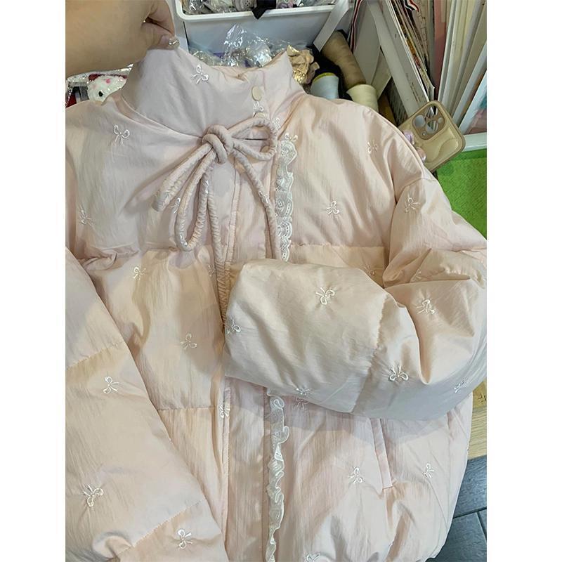 Women's Embroidered Bow Tie Stand Collar Lace Jacket – Winter Style, Warm Cotton Padded, Sweet Splicing Design