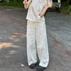 White Cherry Printed Cotton Linen Wide Leg Casual Pants for Women In Summer Thin and High Waisted Slimming Straight Leg Floor Length Pants
