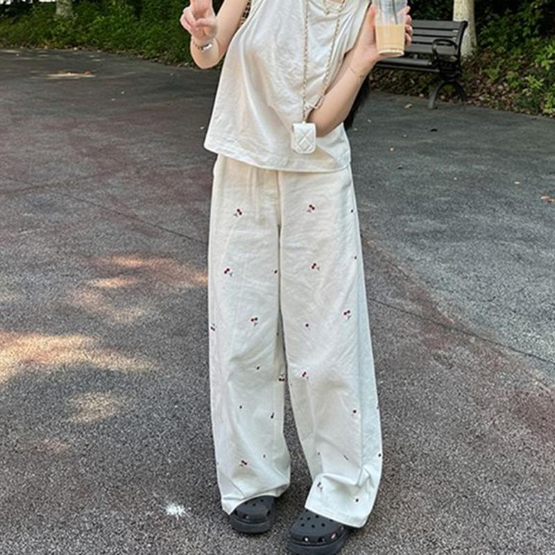 White Cherry Printed Cotton Linen Wide Leg Casual Pants for Women In Summer Thin and High Waisted Slimming Straight Leg Floor Length Pants