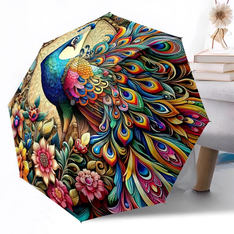 Peacock Feather Mandala Art Outdoor Automatic Umbrella Compact 8-Rib Weight Sturdy Construction Durable Everyday Carry Umbrella