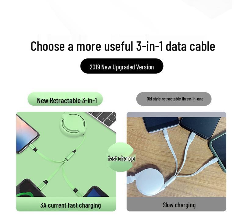 Yuhe Retractable Silicone Fast Charging Cable: One-to-Three for Apple & Huawei with Custom Logo