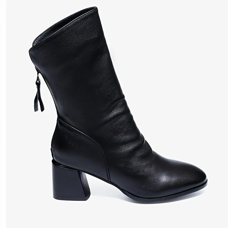 New Women'S Chunky-Heeled Mid-Calf Boots with Back Zipper In Black, Featuring Warm Lining And a British Style for The Autumn And Winter of 2025