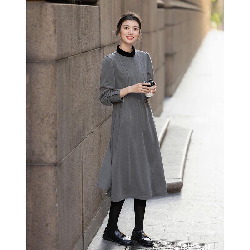 Demana Winter Color-Block Stand Collar Puff Sleeve A-Line Dress