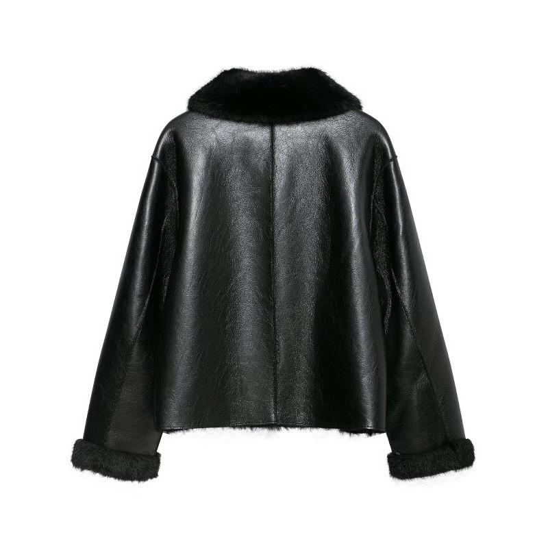 PBZA Womens Faux Leather Jacket Double-sided Fur-lined Coat Winter