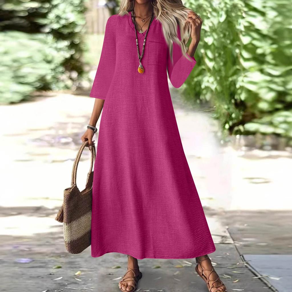 Women's Fashion V-Neck Seven Sleeve Pocket Solid Color Zipper Casual Vacation Long Cotton Linen Dresses